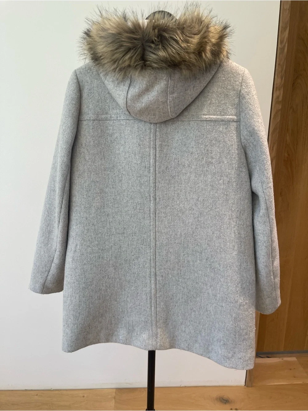 J. Crew Factory Light Gray Wool-Blend Duffel Coat with Faux Fur Hood - Picture 4 of 4